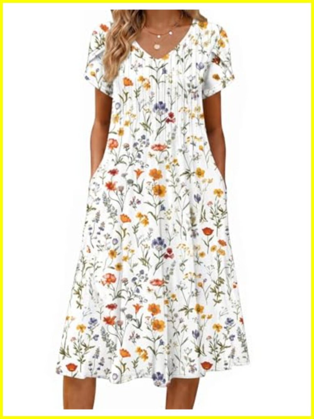 Women's Pleated Midi A-Line Sundress with Pockets Short Sleeve Flowy Casual